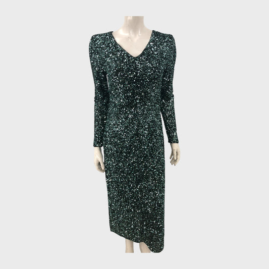 Green Branded Sequin Ruched Midi Dress