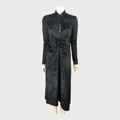 Branded Black Crushed Velour Knot Detail Fit and Flare Maxi Dress
