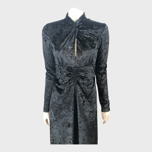 Branded Black Crushed Velour Knot Detail Fit and Flare Maxi Dress