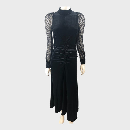 Branded Black Lace Sleeve Velour Fit and Flare Maxi Dress