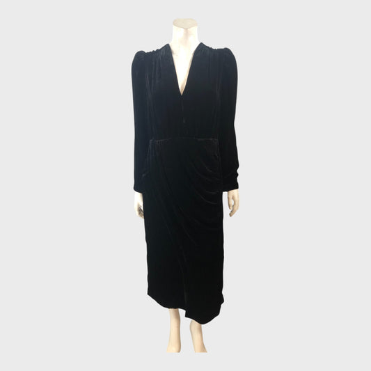 Branded Black Silk Blend Velvet Draped Midi Dress