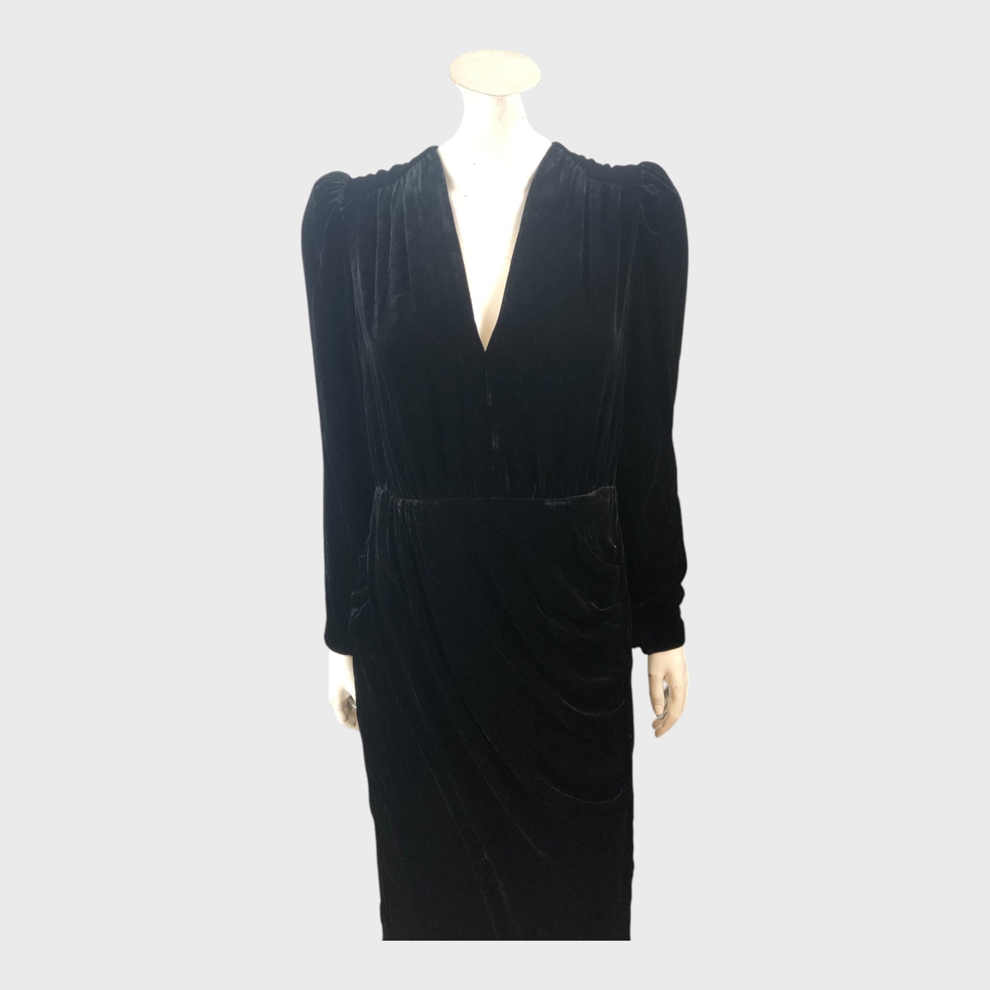 Branded Black Silk Blend Velvet Draped Midi Dress