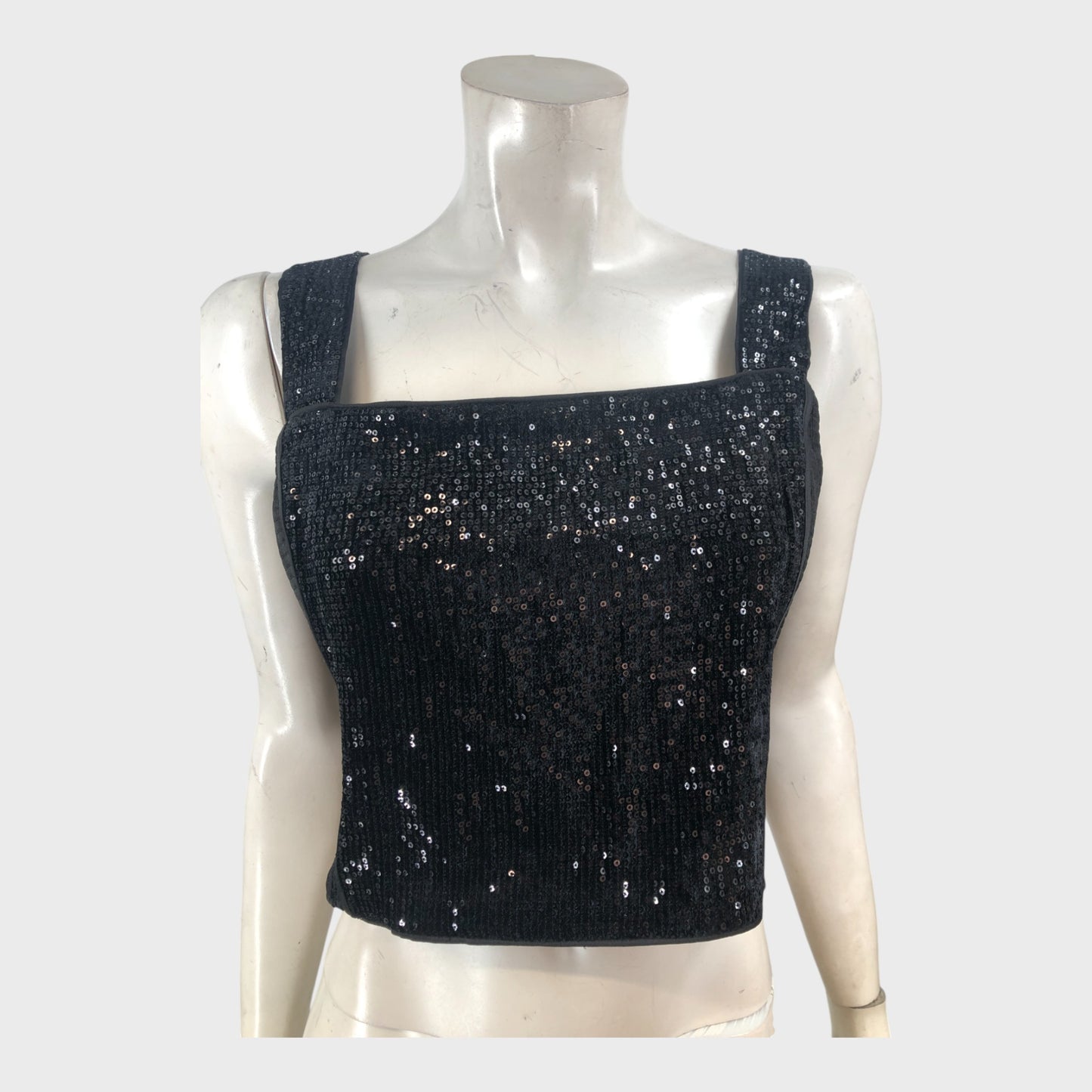 Branded Black Silk Blend Velvet Sequin Crop Top - UK14