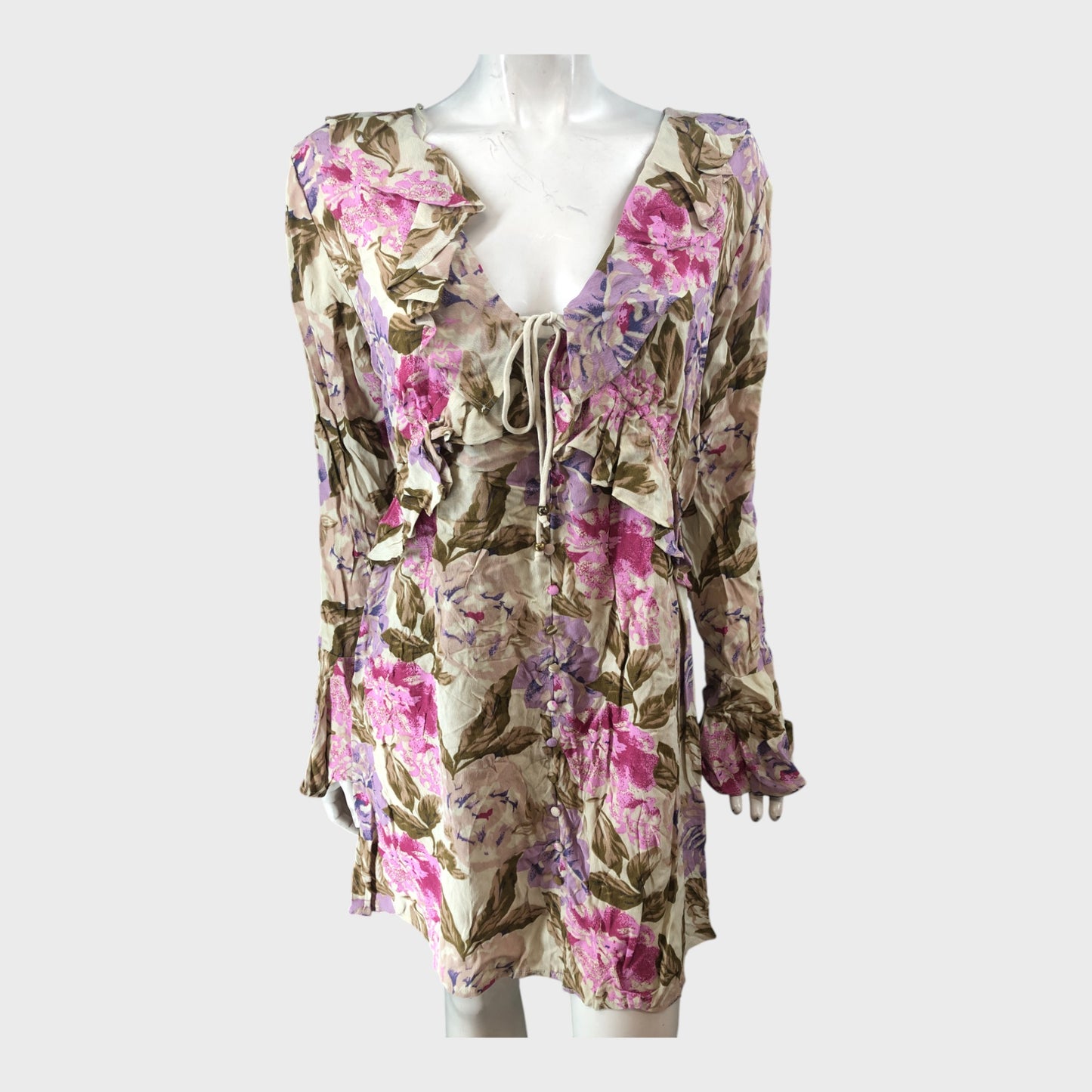 Cream Floral Frill Swing Mini Dress