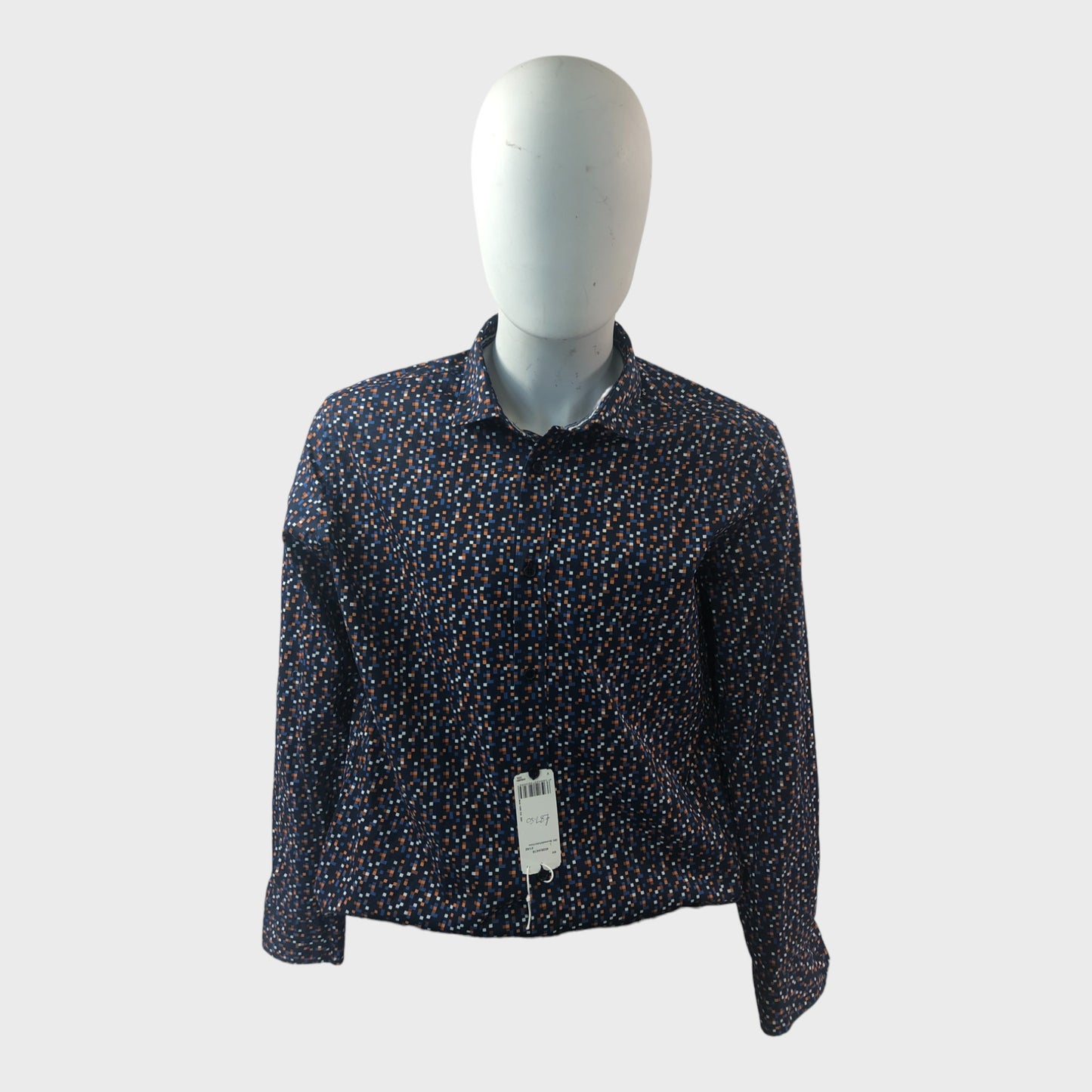 Olymp Navy Geometric Block Pattern Shirt