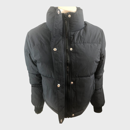 Women's Black Puffer Jacket Mid-Length Zip Closure Quilted Warm Coat