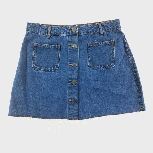 DENIM Button Front Skirt Women's Pockets Blue Jean Frayed Hem