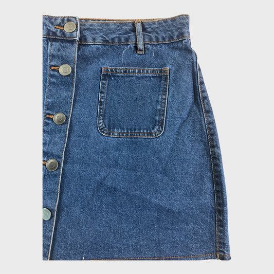 DENIM Button Front Skirt Women's Pockets Blue Jean Frayed Hem
