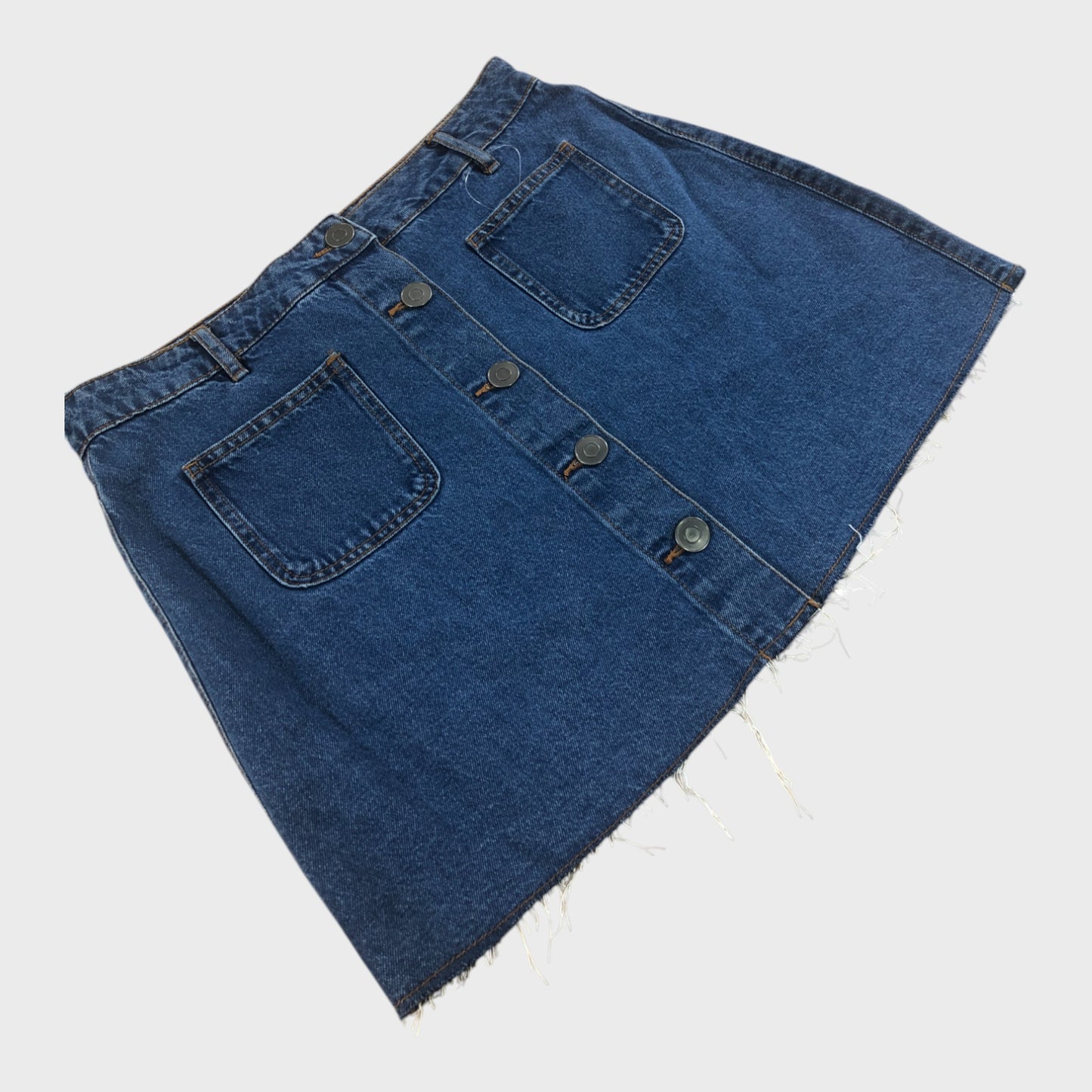 DENIM Button Front Skirt Women's Pockets Blue Jean Frayed Hem