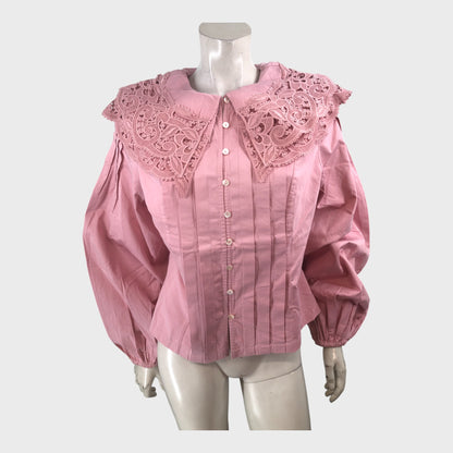 Vintage Pink Lace Collar Shirt Women's Victorian Style Long Sleeve Blouse