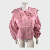 Vintage Pink Lace Collar Shirt Women's Victorian Style Long Sleeve Blouse