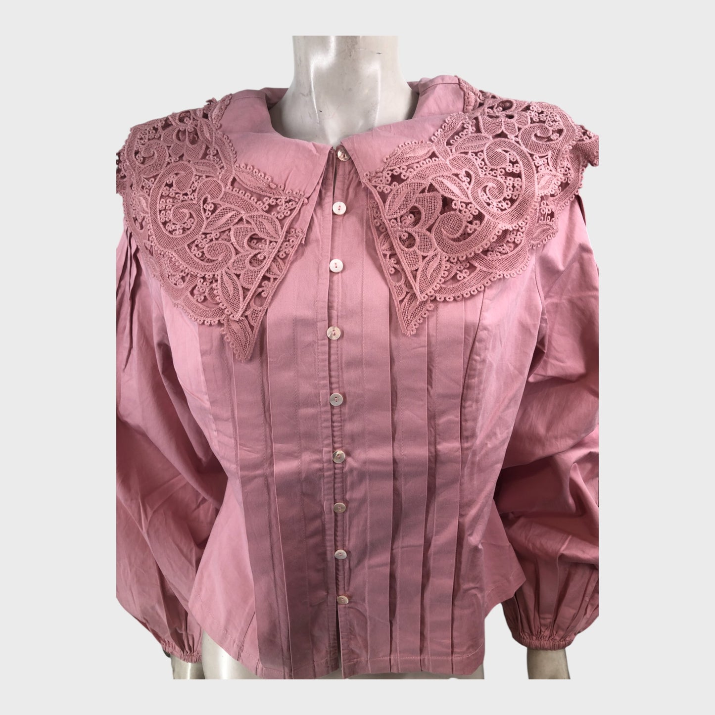 Vintage Pink Lace Collar Shirt Women's Victorian Style Long Sleeve Blouse