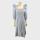 Branded Midi Dress Women's Striped Puff Sleeve Cotton Blend Ruffled Blue