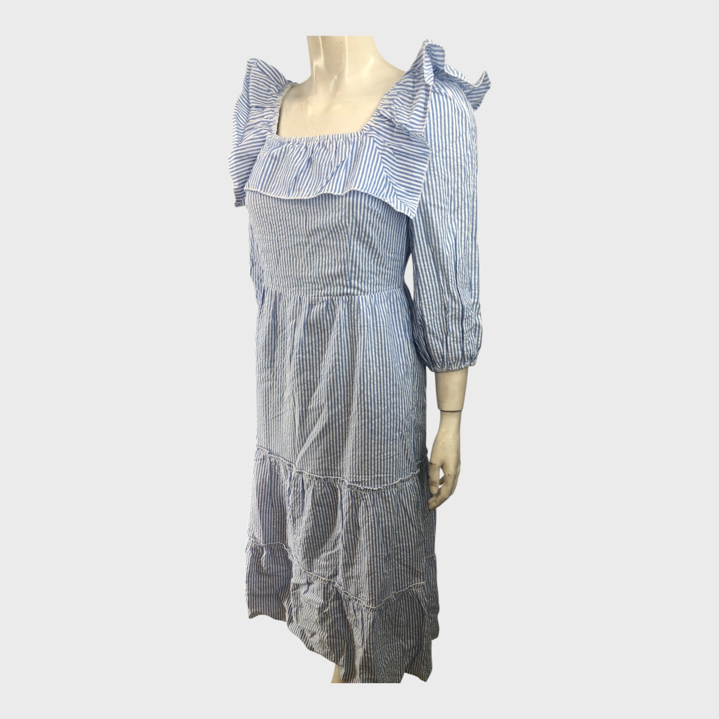 Branded Midi Dress Women's Striped Puff Sleeve Cotton Blend Ruffled Blue