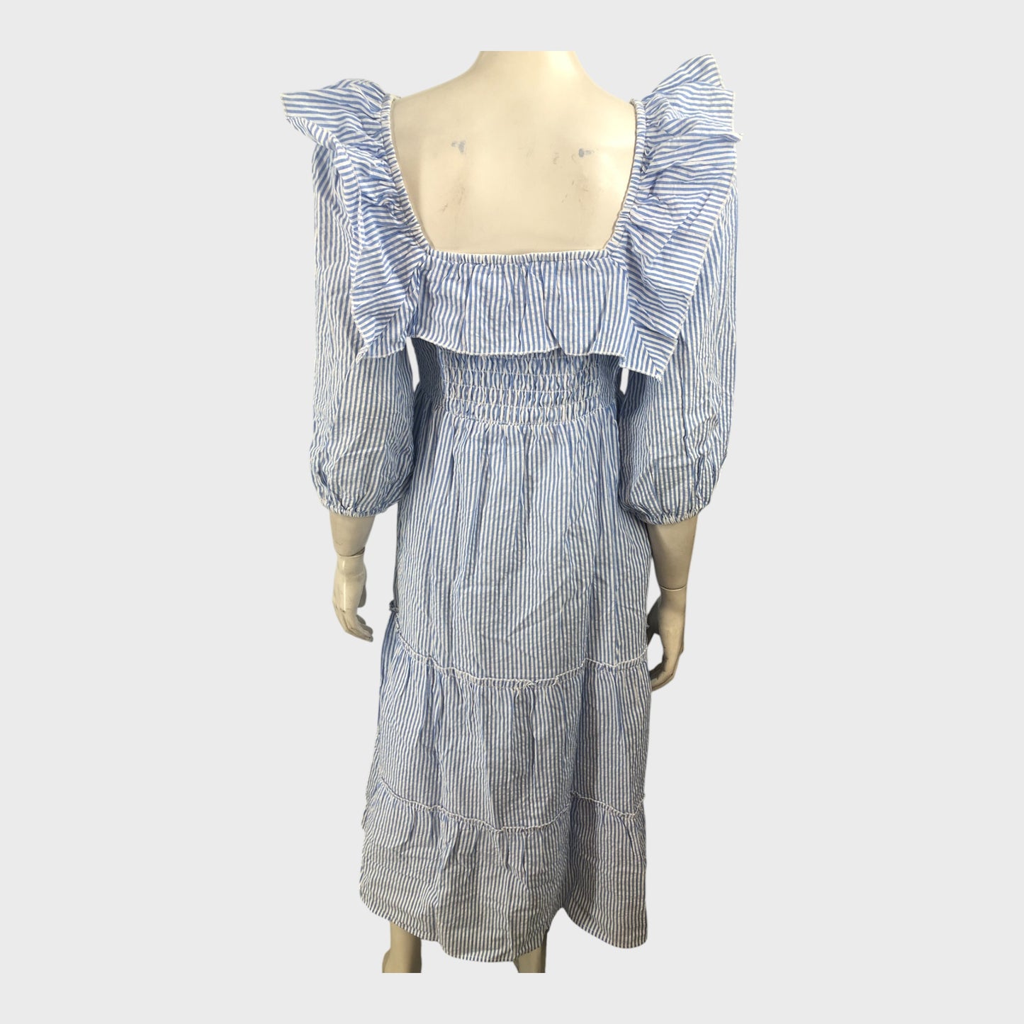 Branded Midi Dress Women's Striped Puff Sleeve Cotton Blend Ruffled Blue
