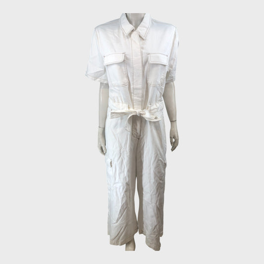 White Jumpsuit Women's Collared Belted Short Sleeve Pockets Casual Outfit