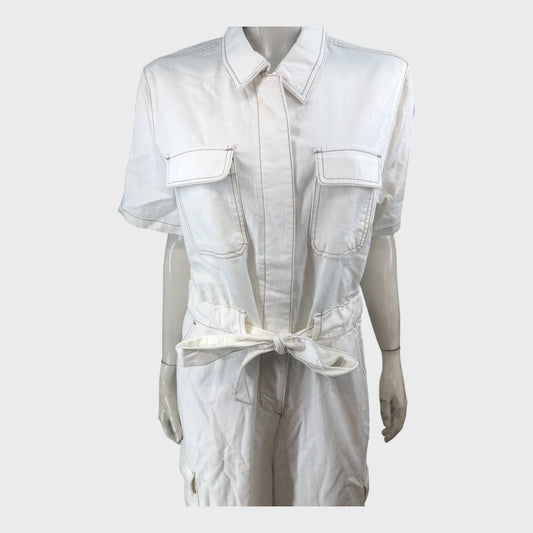 White Jumpsuit Women's Collared Belted Short Sleeve Pockets Casual Outfit