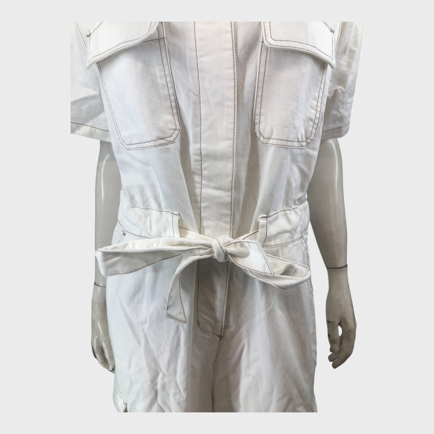 White Jumpsuit Women's Collared Belted Short Sleeve Pockets Casual Outfit