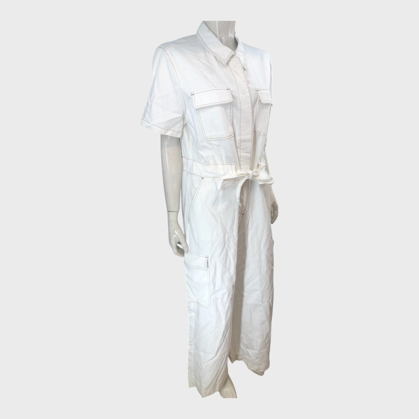White Jumpsuit Women's Collared Belted Short Sleeve Pockets Casual Outfit