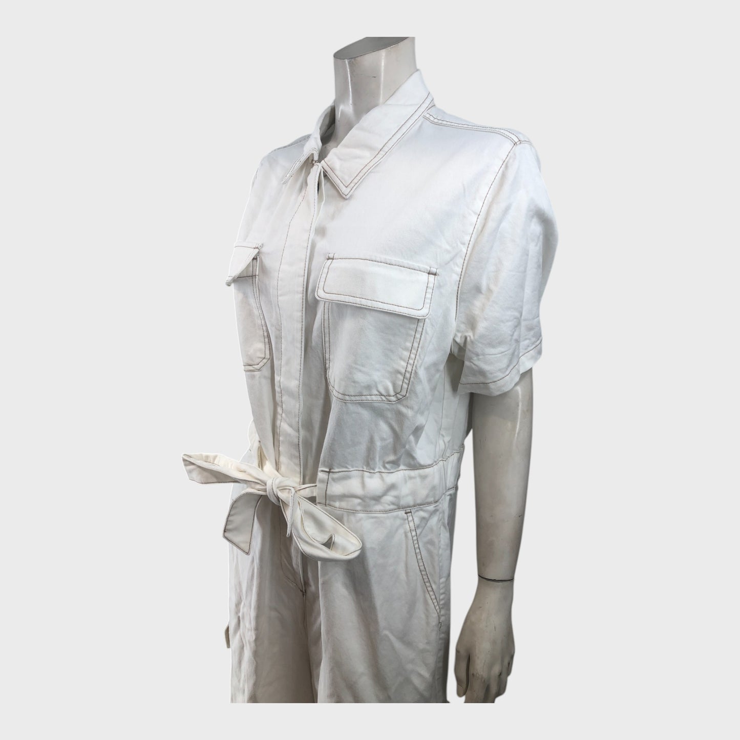White Jumpsuit Women's Collared Belted Short Sleeve Pockets Casual Outfit