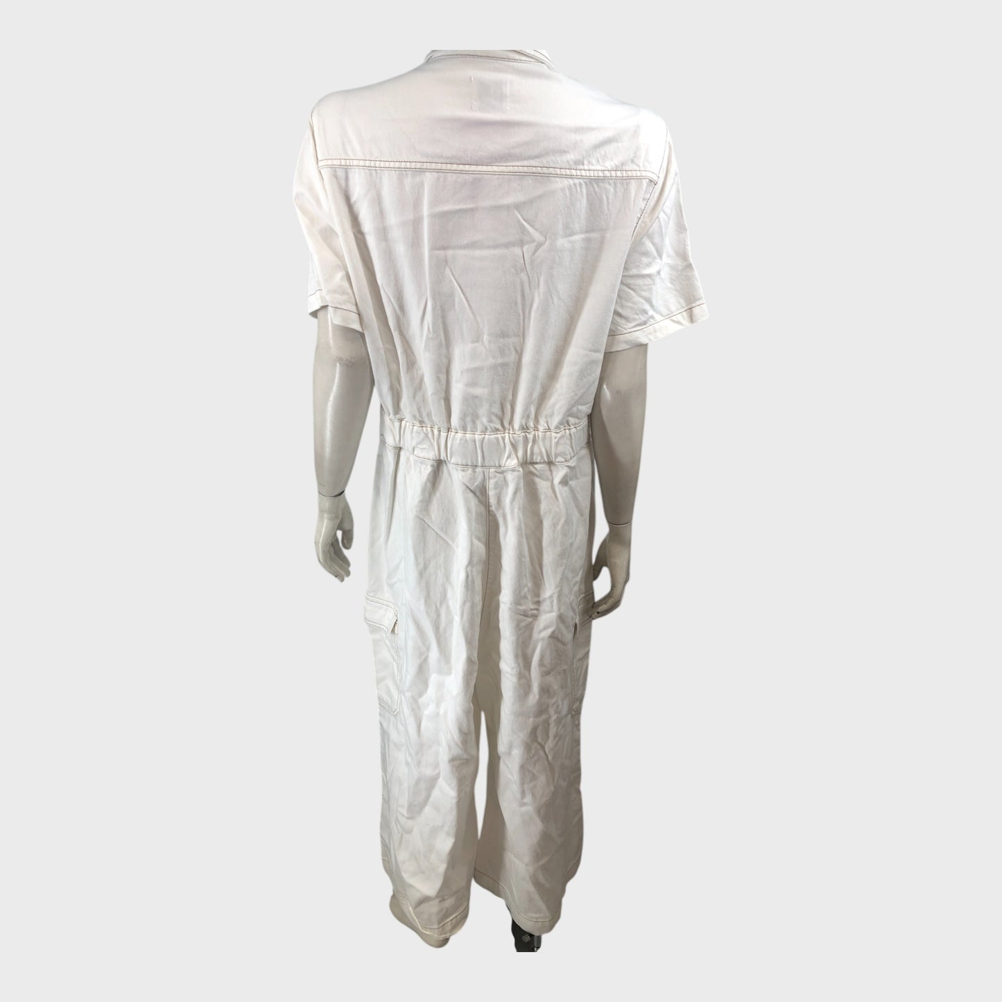White Jumpsuit Women's Collared Belted Short Sleeve Pockets Casual Outfit