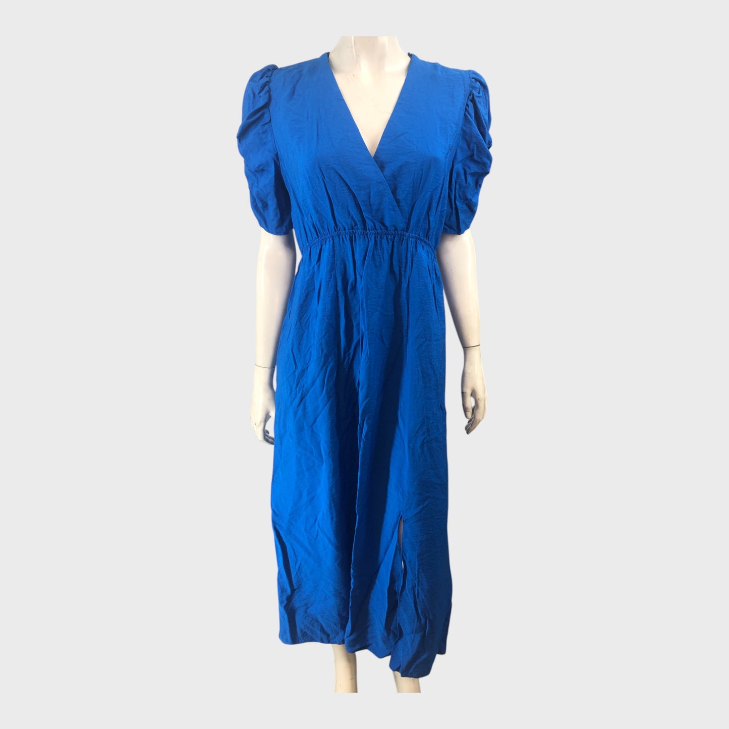 BLUE V-Neck Midi Dress Women's Puff Sleeve Elegant Casual