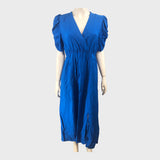 BLUE V-Neck Midi Dress Women's Puff Sleeve Elegant Casual