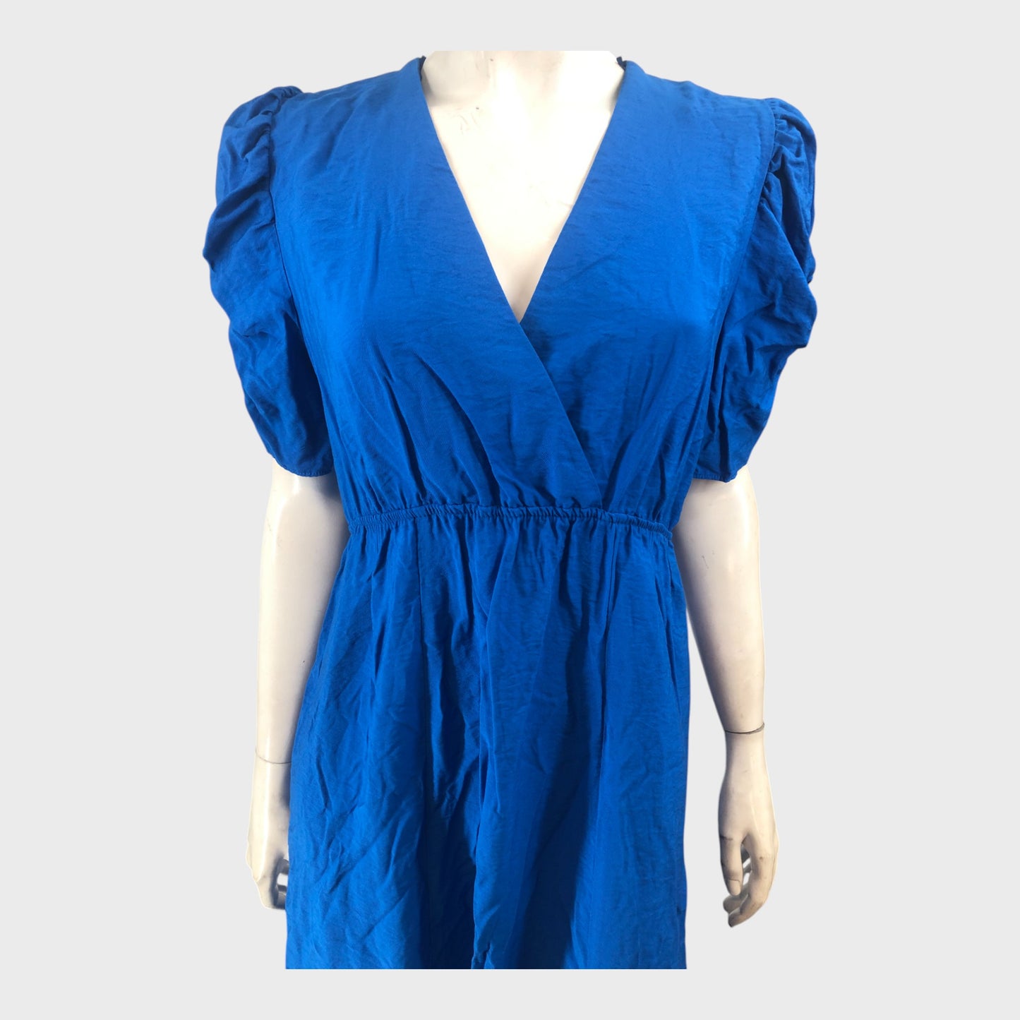 BLUE V-Neck Midi Dress Women's Puff Sleeve Elegant Casual