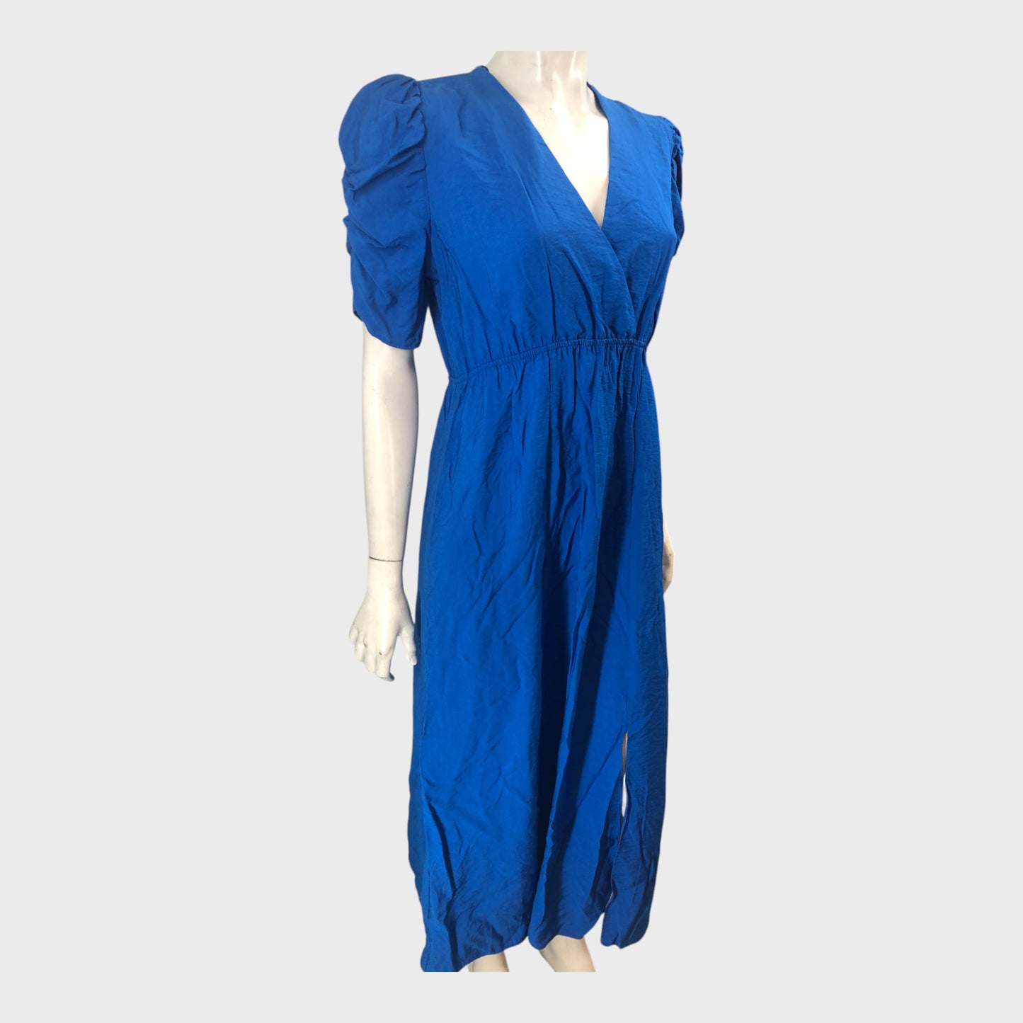 BLUE V-Neck Midi Dress Women's Puff Sleeve Elegant Casual