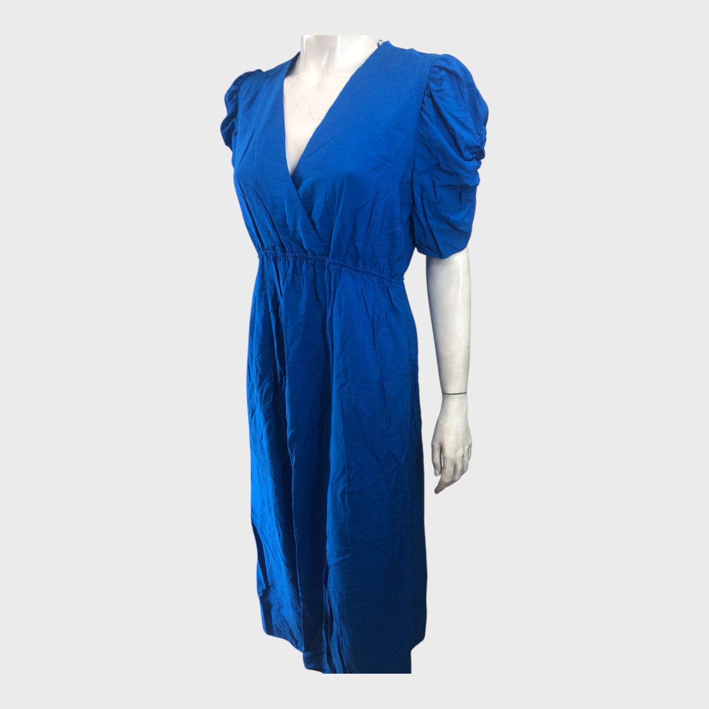BLUE V-Neck Midi Dress Women's Puff Sleeve Elegant Casual