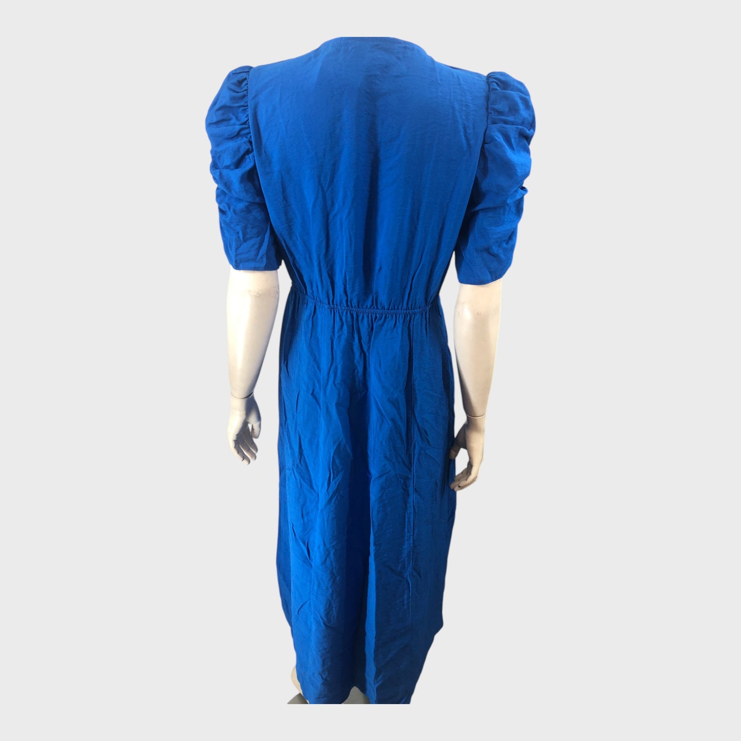 BLUE V-Neck Midi Dress Women's Puff Sleeve Elegant Casual