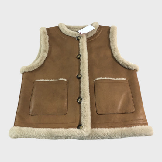 Branded Vest Women's Button Front Faux Fur Trim Brown Winter Warm