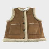 Branded Vest Women's Button Front Faux Fur Trim Brown Winter Warm