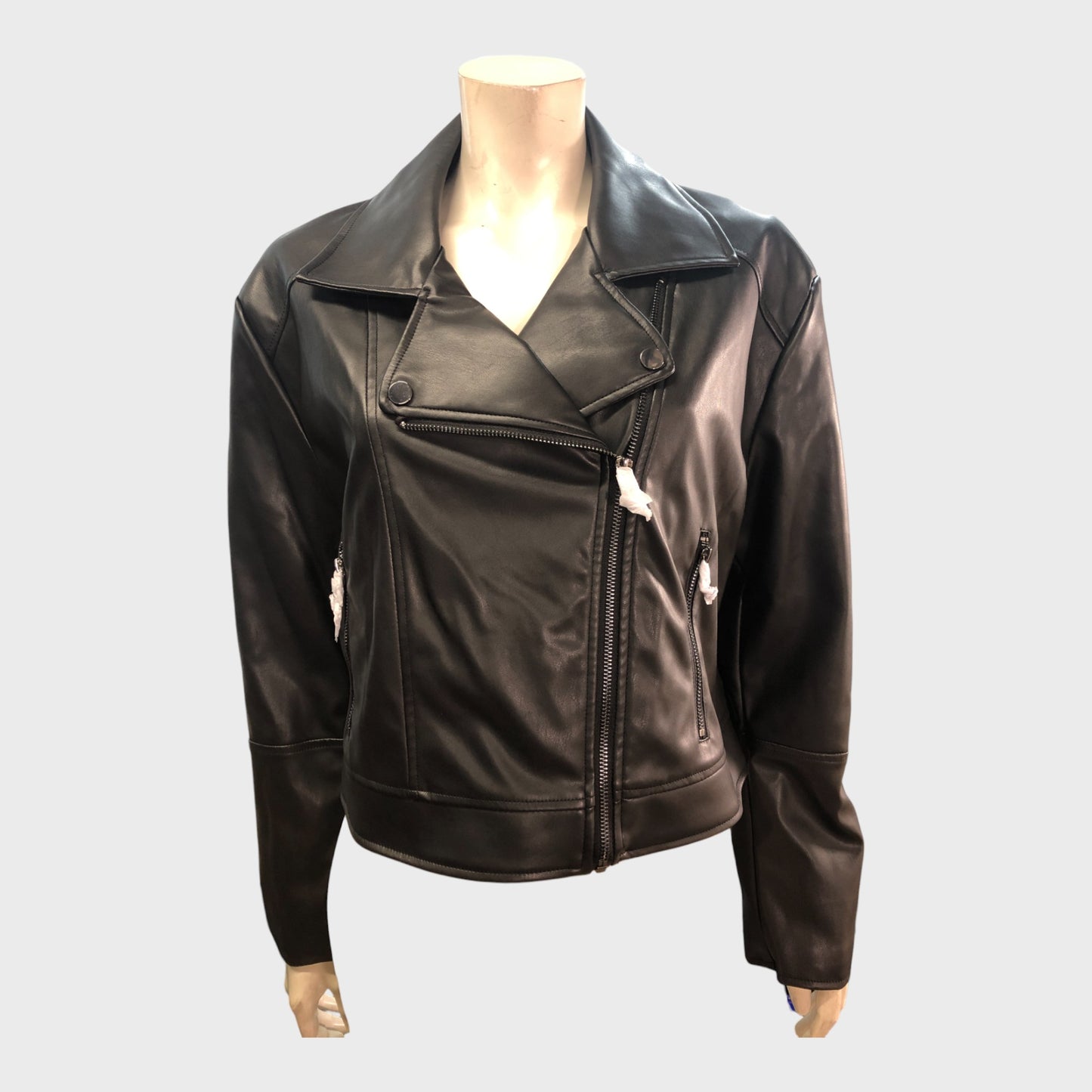 BLACK Women's Faux Leather Biker Jacket Zip Pockets Fashion UK12