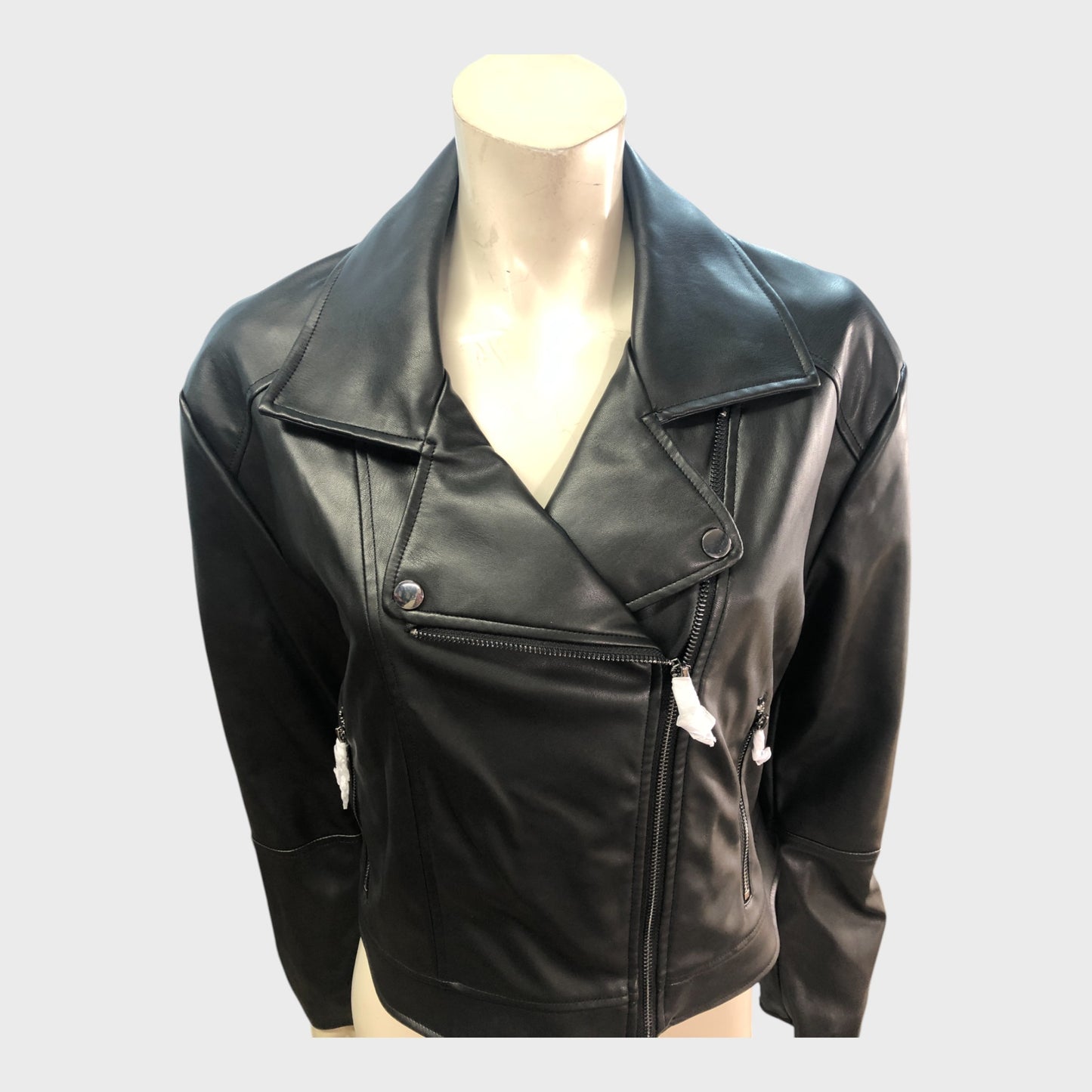 BLACK Women's Faux Leather Biker Jacket Zip Pockets Fashion UK12