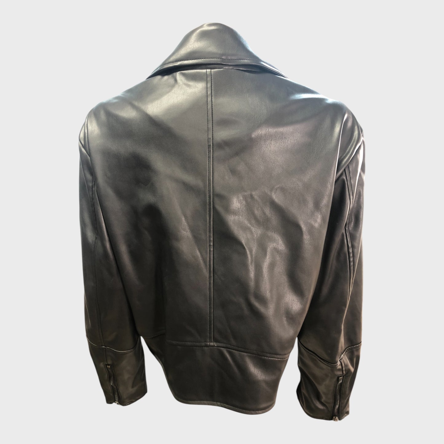 BLACK Women's Faux Leather Biker Jacket Zip Pockets Fashion UK12