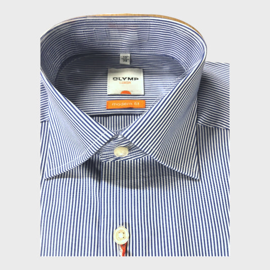 Olymp Luxor Blue Striped Shirt - Size Small