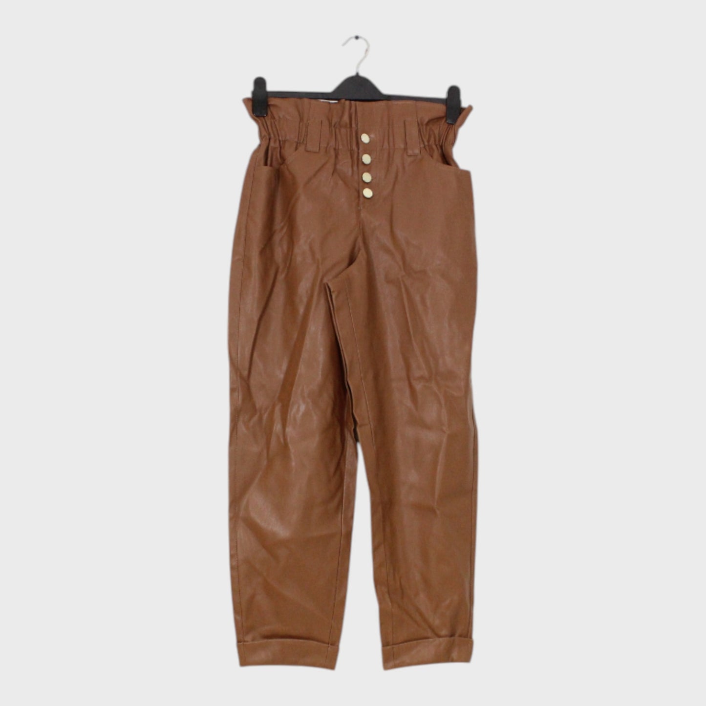 Women's Brown Button-up Leather-look Trousers