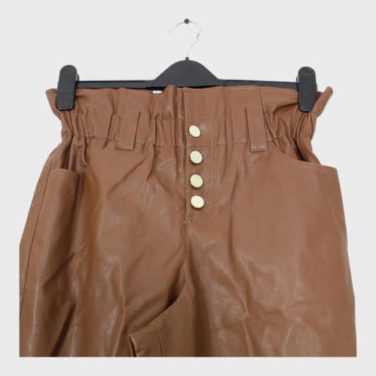 Women's Brown Button-up Leather-look Trousers