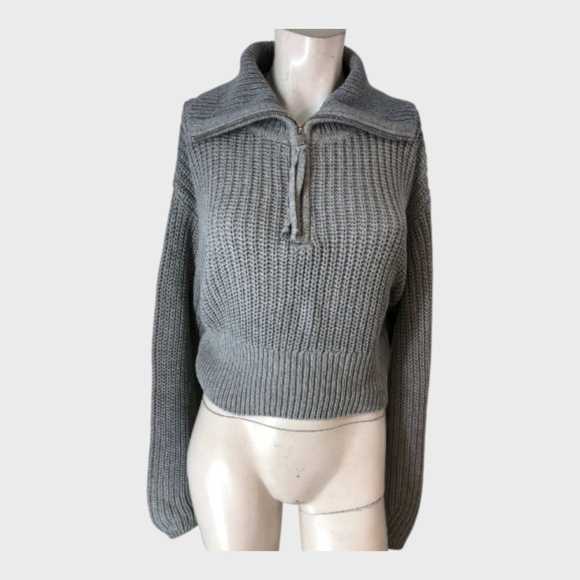 GREY Knitted Pullover Jumper Women's Size UK 12 Half-Zip Long