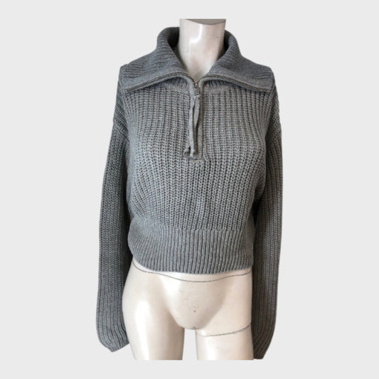 GREY Knitted Pullover Jumper Women's Size UK 12 Half-Zip Long Sleeve