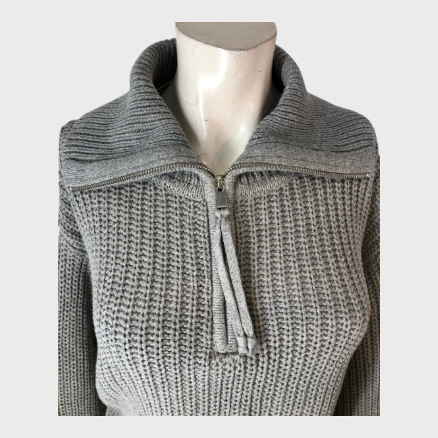 GREY Knitted Pullover Jumper Women's Size UK 12 Half-Zip Long Sleeve