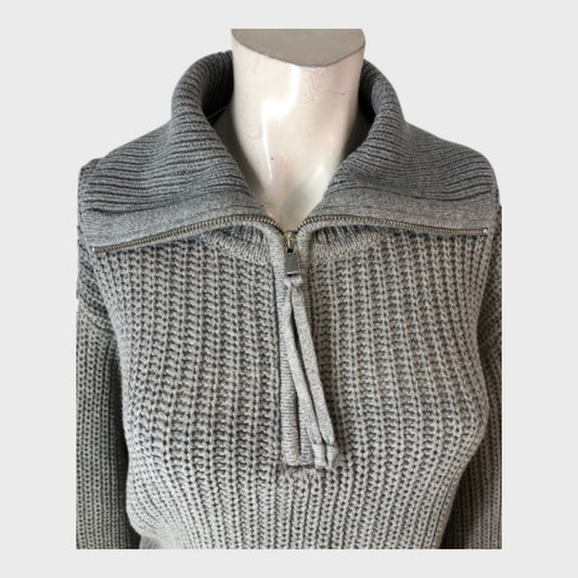 GREY Knitted Pullover Jumper Women's Size UK 12 Half-Zip Long Sleeve