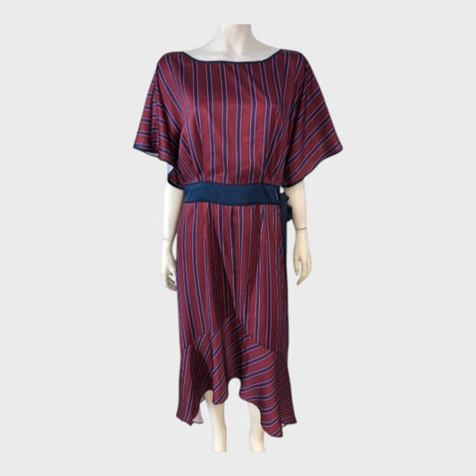 Burgundy Blue Striped Satin Midi Dress