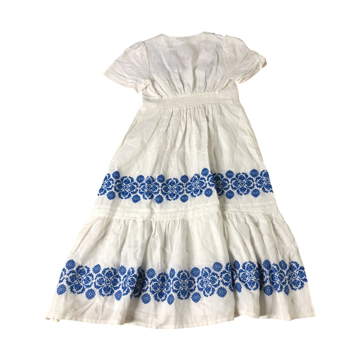 Floral Embroidered Dress UK12 Women's Linen Short Sleeve White Blue