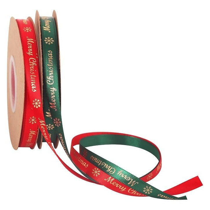 Christmas Ribbon Set of 2 Green Red Merry Gift Wrapping 2x22M