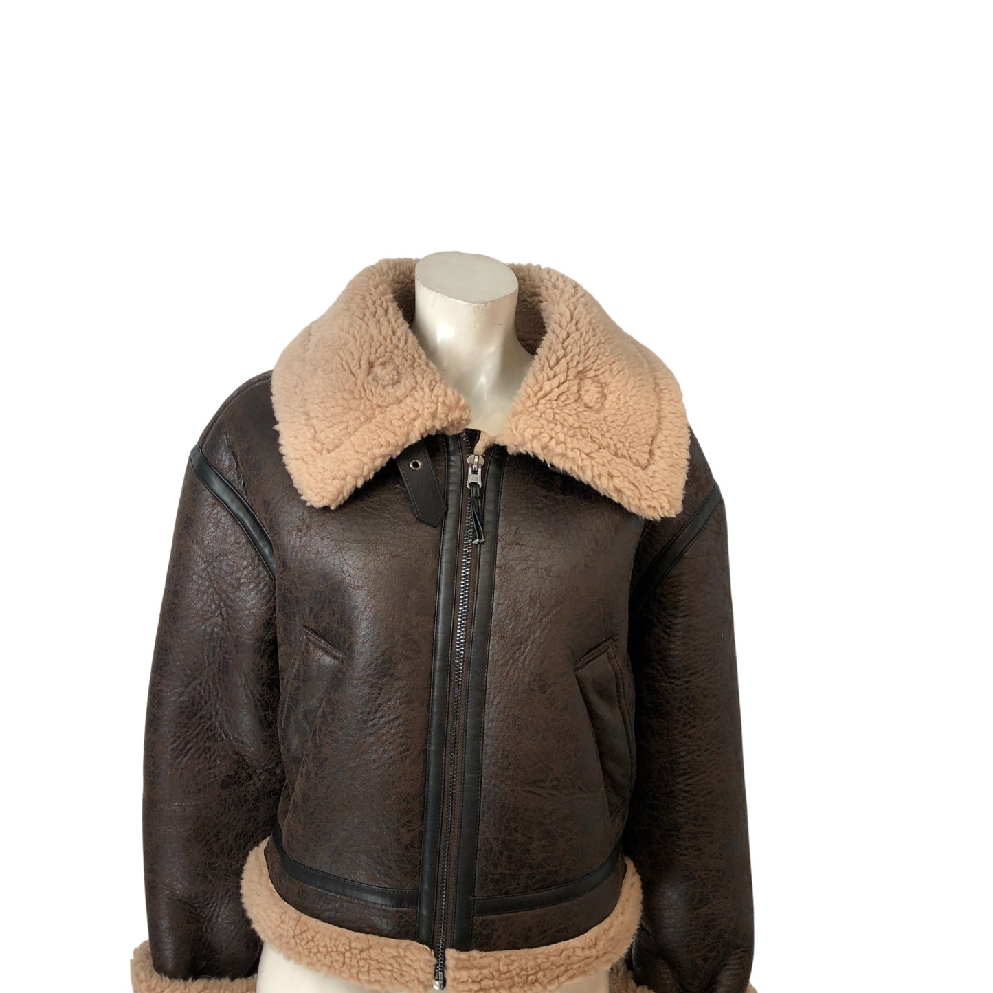 American Eagle Brown Shearling Biker Jacket Large Women's Faux Fur Collar