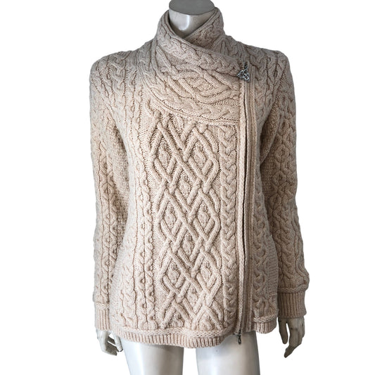 SAOL Ladies Side Zip Cardigan Merino Wool Beige Cable Knit Medium