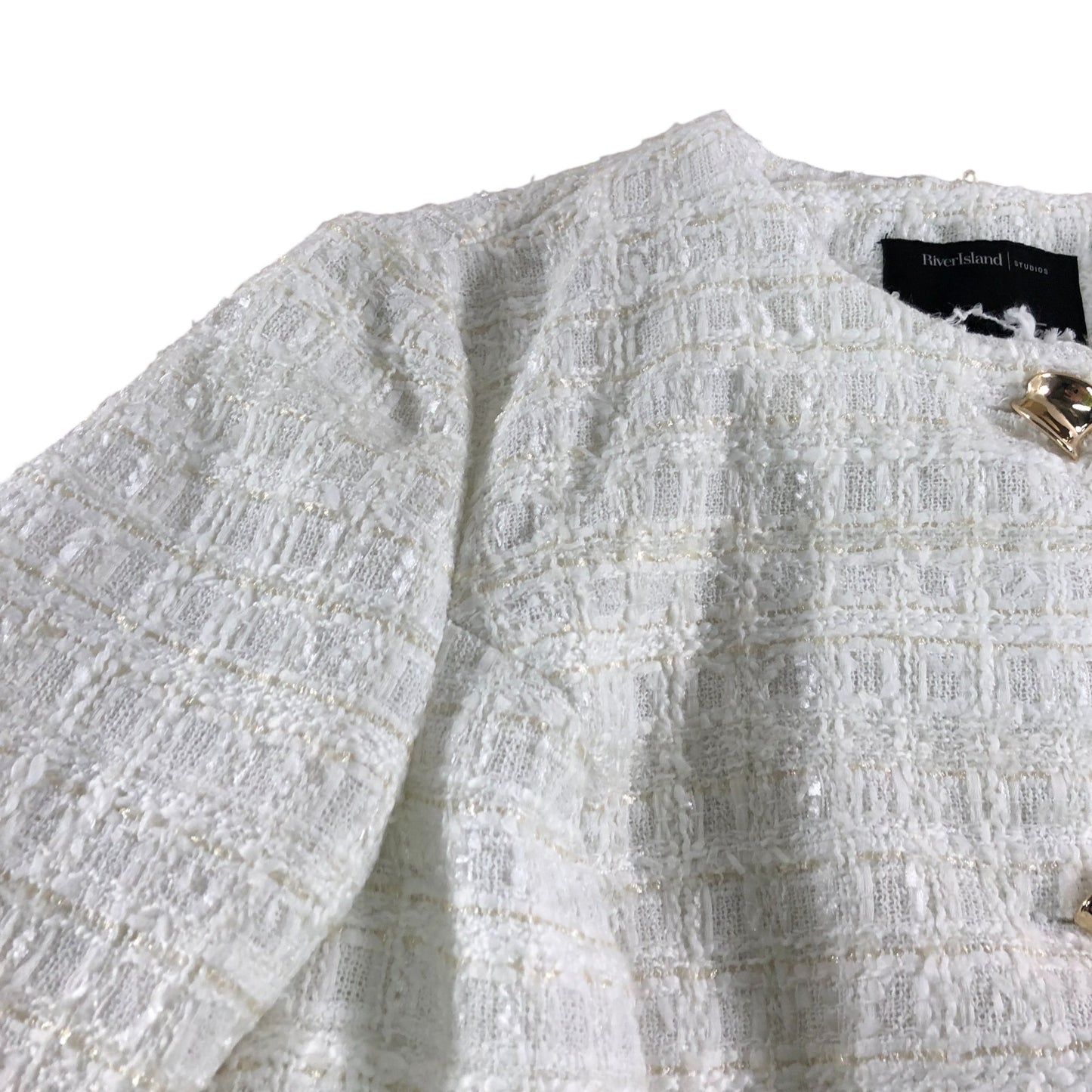River Island Womens Cropped Jacket UK6 White Textured Tweed With Gold Buttons