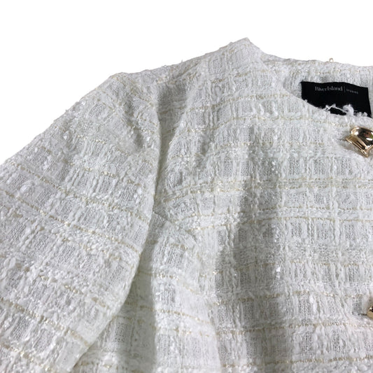 River Island Womens Cropped Jacket UK6 White Textured Tweed With Gold Buttons